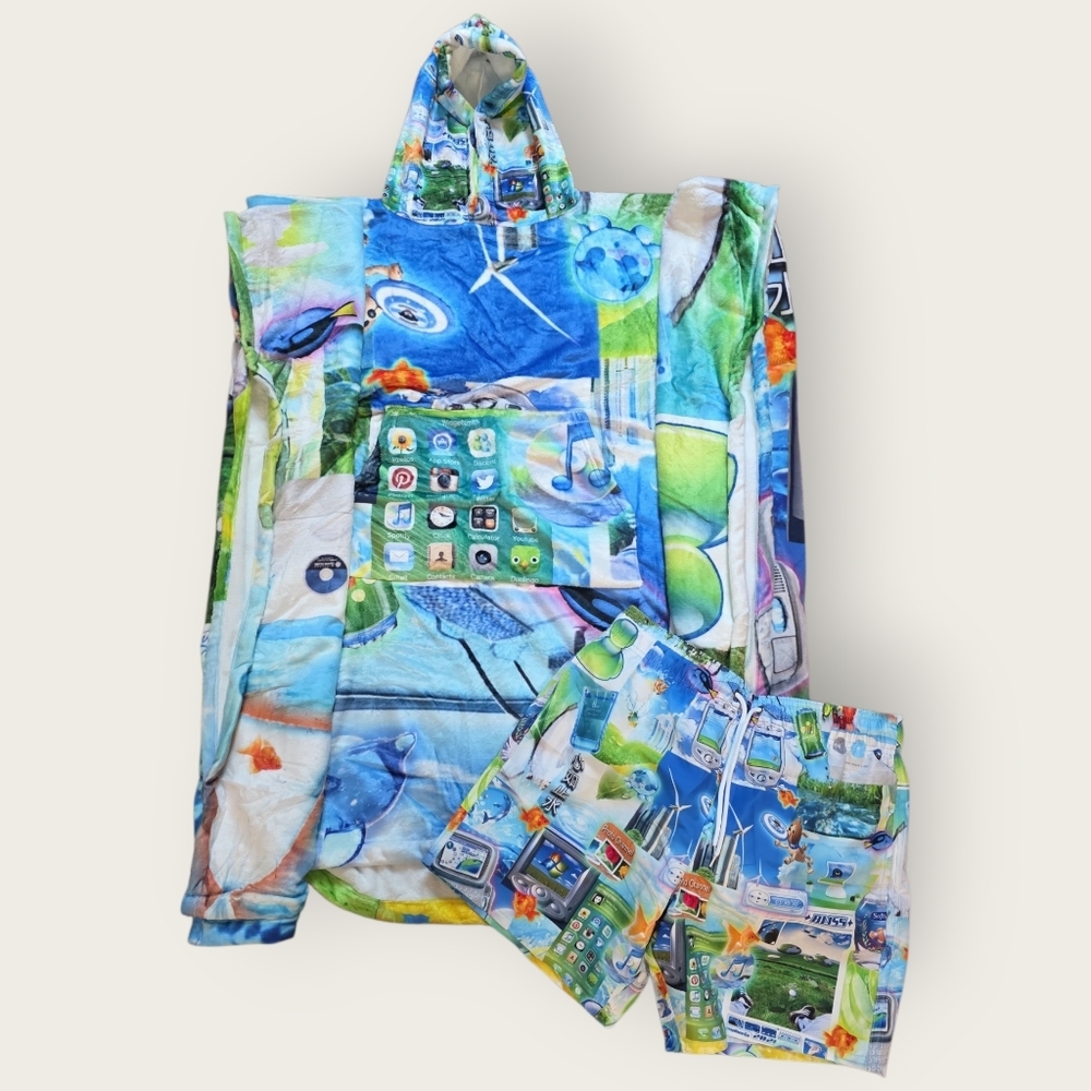 Colorful Graphic Hooded Poncho and Lined Swim Shorts Set Mens Size Med‎